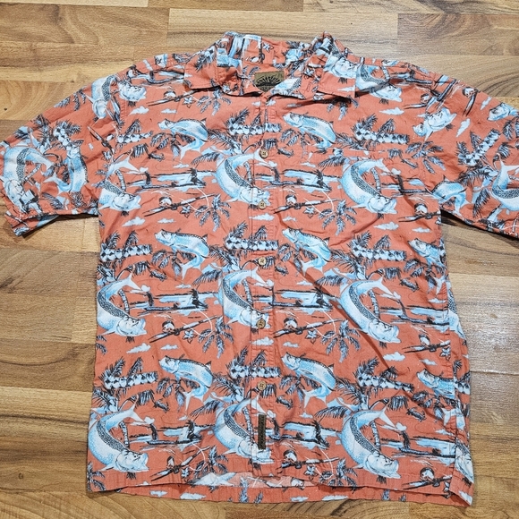 Flyshacker Fishing Shirt M Coral Fish Print Short Sleeve Button Front - Picture 2 of 10